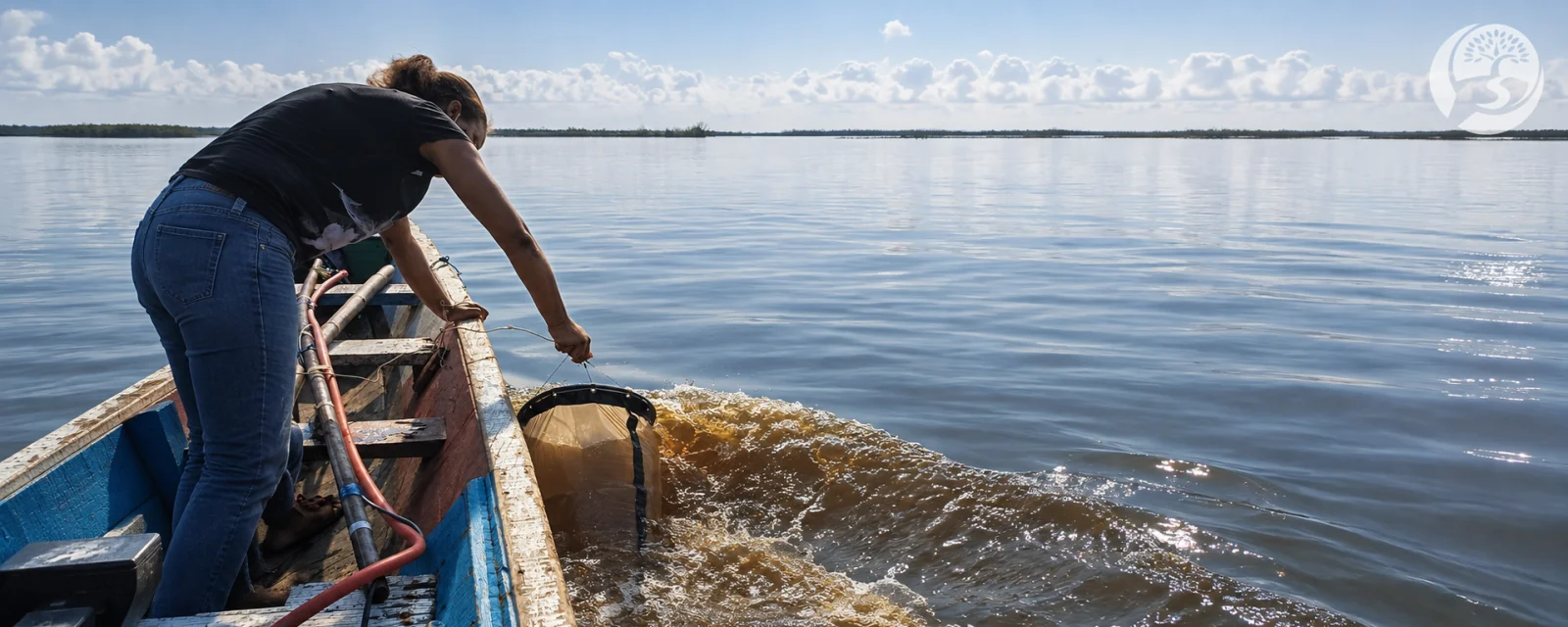 Prélèvement au filet depuis une barque sur la lagune