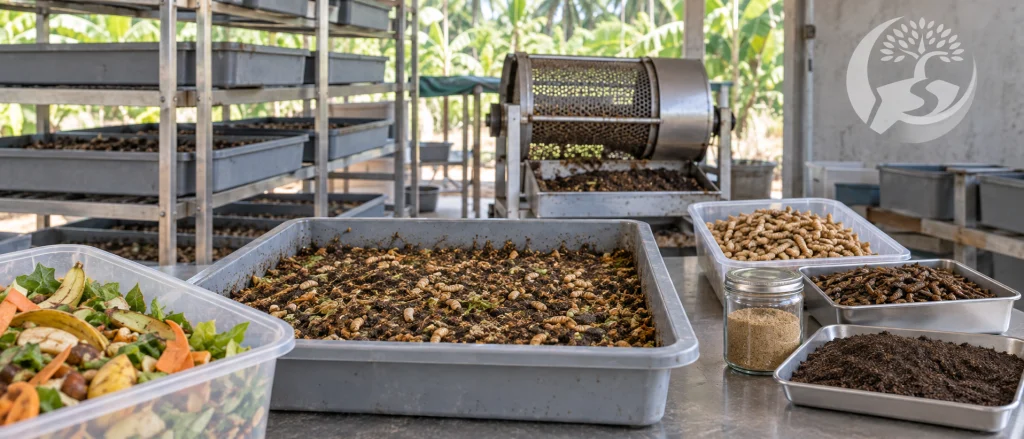 atelier de bioconversion : bacs d'élevage de larves, déchets organiques en entrée, larves et fertilisant en sortie