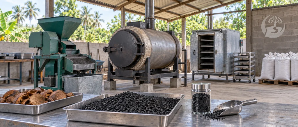 plateforme de production de charbon actif : broyeur, four de carbonisation, étuve et charbon conditionné