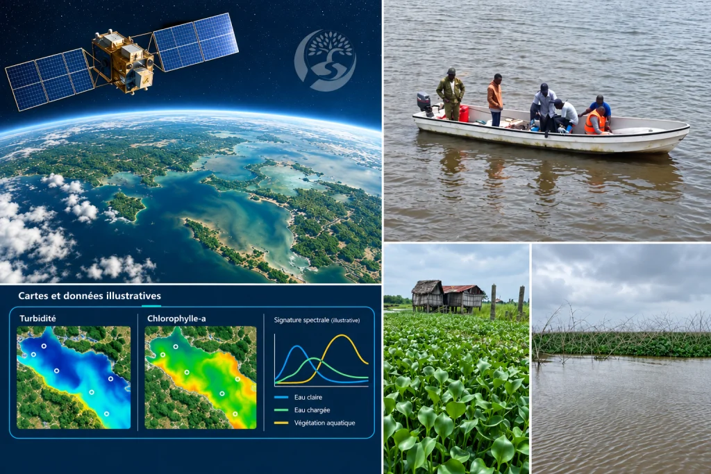 montage CERESE : suivi satellitaire des eaux lagunaires, cartes illustratives de turbidité et de chlorophylle-a, campagne de terrain en barque