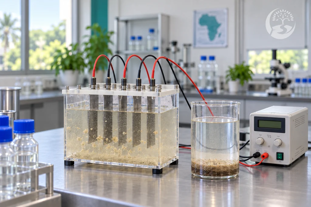 cellule d'électrocoagulation à électrodes parallèles alimentée par un générateur de courant continu, et eau traitée en éprouvette