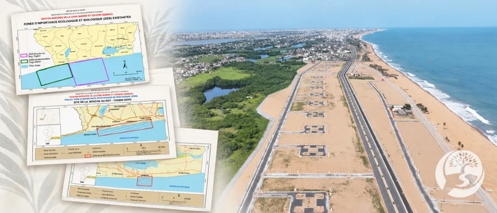 montage : cartes des zones d'importance écologique et biologique du littoral béninois (Bouche du Roy et Togbin Daho) et vue aérienne du cordon littoral en cours d'aménagement
